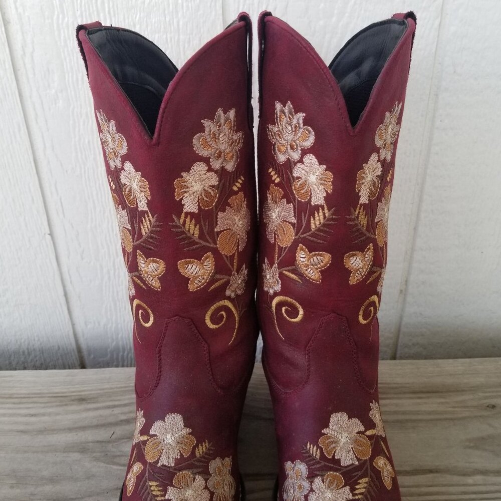 Roper Flower Embroidery Womens Wine Cowboy Western Boots 9 M - Picture 10 of 13
